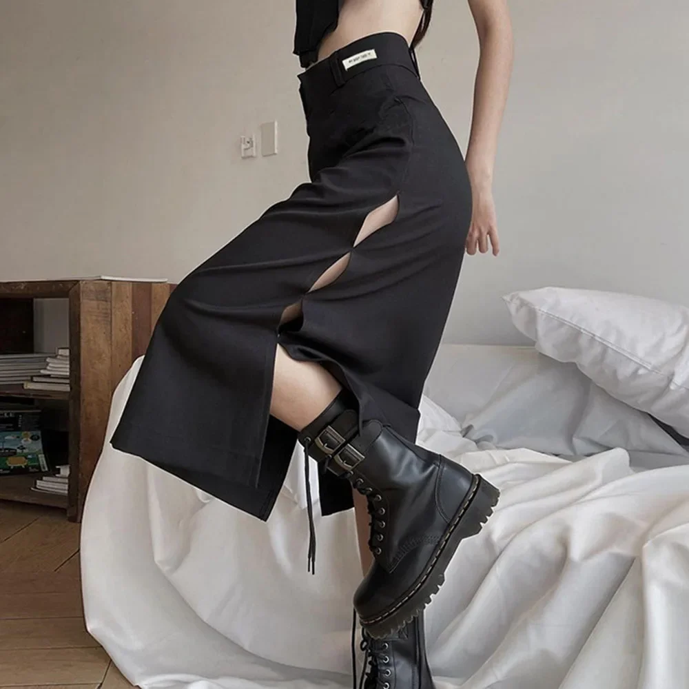 

2023 New Gothic Women Midi Skirt 2023 Summer Office Ladies Casual Sexy Split Hollow Out Goth Skirts Black Streetwear High Waist