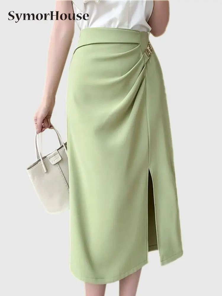 

Spring Summer Autumn New Design Korean Fashion Midi Skirts Women Office Lady Black High Waist Folds Split A-Line Skirts Girls