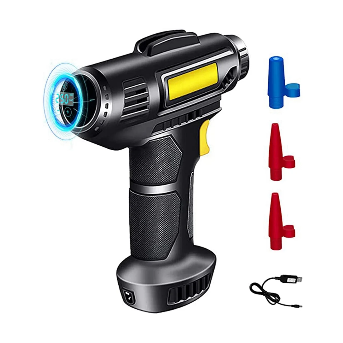 

Wireless Car Tire Pump with Rechargeable Li-Ion Battery, Car Power Adapter, Digital Pressure Gauge