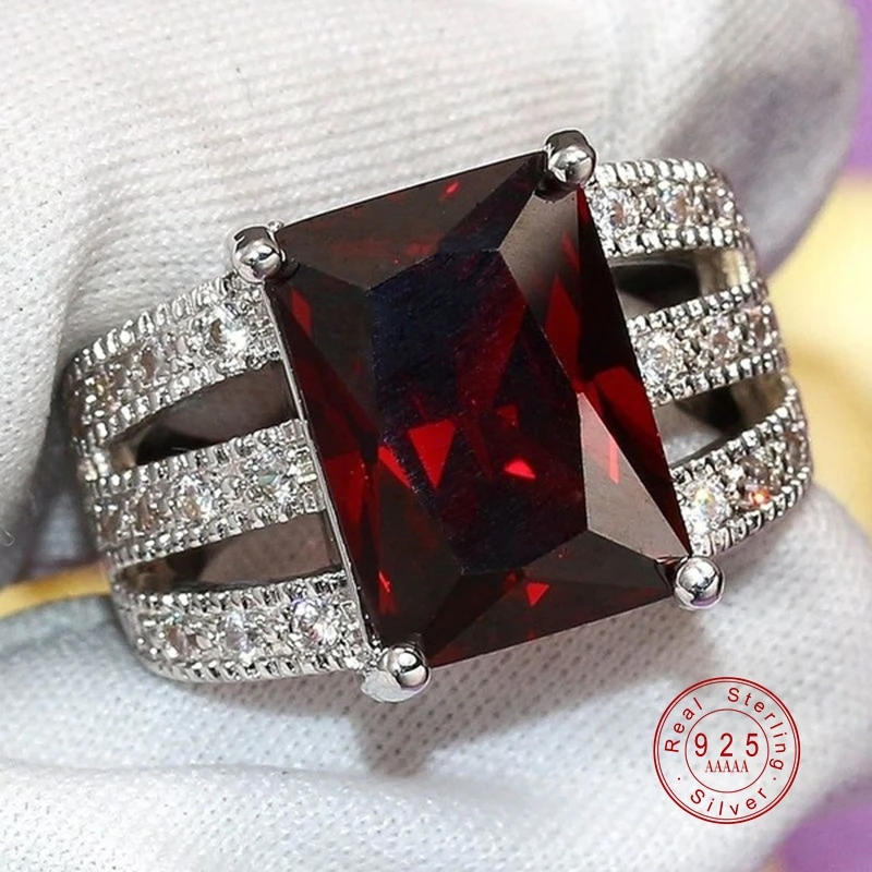 Red AAA Cubic Zircon Rings For Women Genuine 925 Stamp Silver Color Crystal Filled Luxury Hollow Out Ring Jewelry