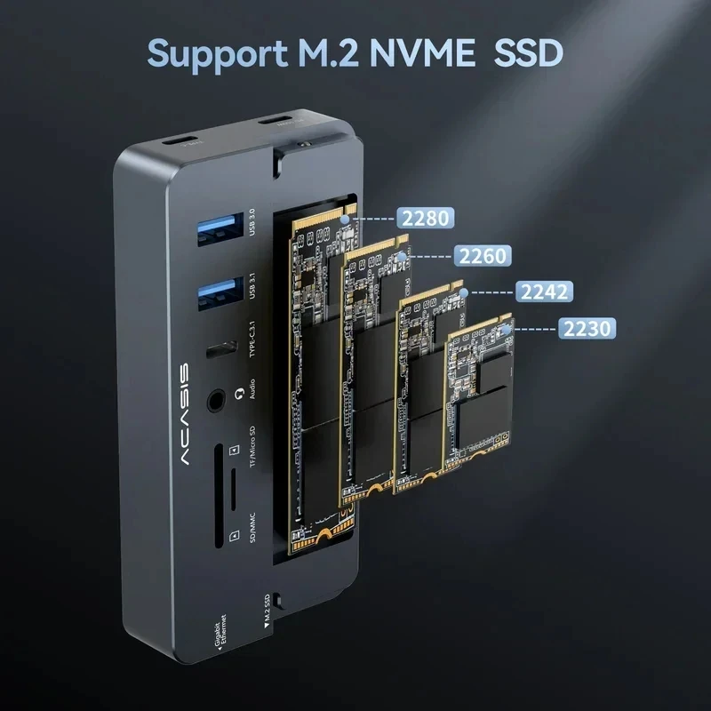 ACASIS 10-in-1 USB C 도킹 스테이션 10Gbps M.2 NVMe SSD 인클로저용 4K@60Hz HDMI 100W PD RJ45 기가비트 이더넷 TF/SD for Mac