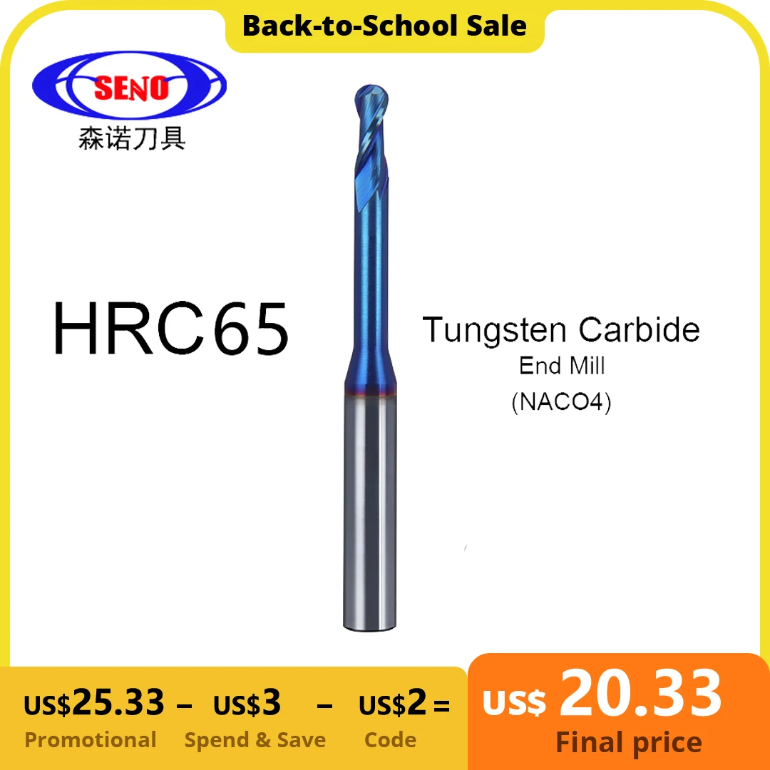 Seno 1pcs Milling Machine Hrc65 Extra Long Ball Nose End Mill 2 Flutes