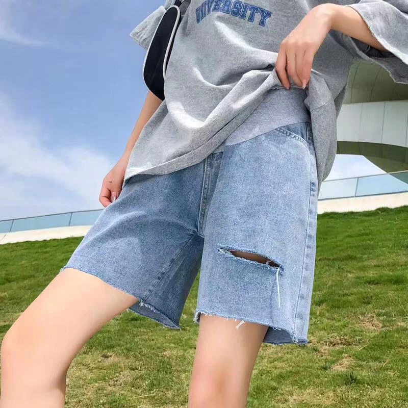 Korean Style Maternity Summer Shorts Short Pregnant Woman Belly Jeans Side Split Wide Legs Denim Trousers Loose Pregnancy Jeans