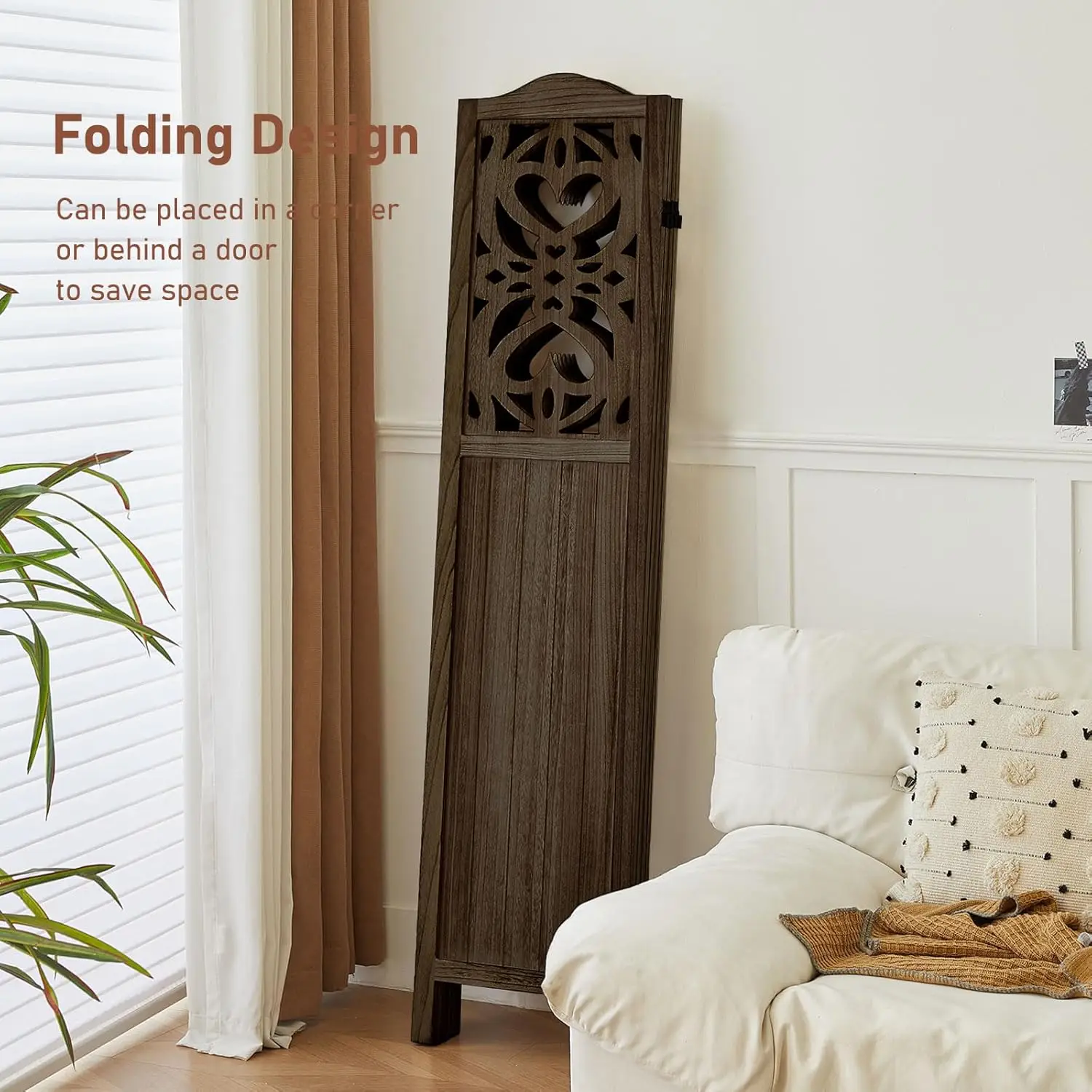 4 Panel Room Divider Fully Assembled, Carved Room Dividers And Folding Screens, 5.6Ft Wood Room Divider Screen Freestanding 4
