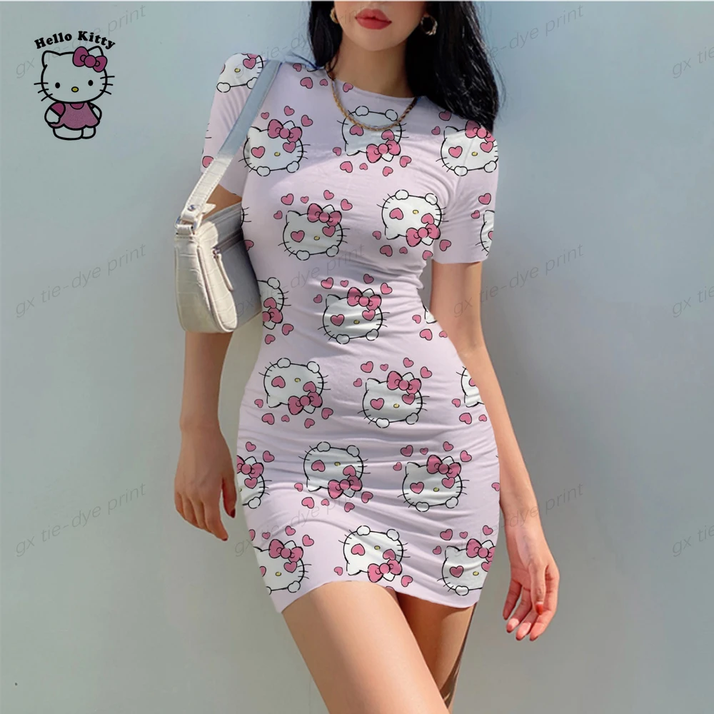 2024 Hello Kitty Cute Cartoon Cosplay Print Manica Corta Sexy Night Club Vestito Stretto Summer Fashion Bag Hip Beach Party Dress