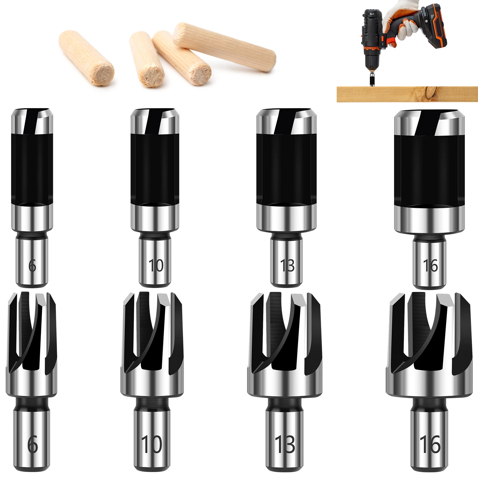 

8Pcs 6/10/ /13/16mm Wood Dowel Drill Bits Dowel Cutters Set Four Flute Dowel Hole Cutter Round Shank Claw Tapered Drill Bits Set