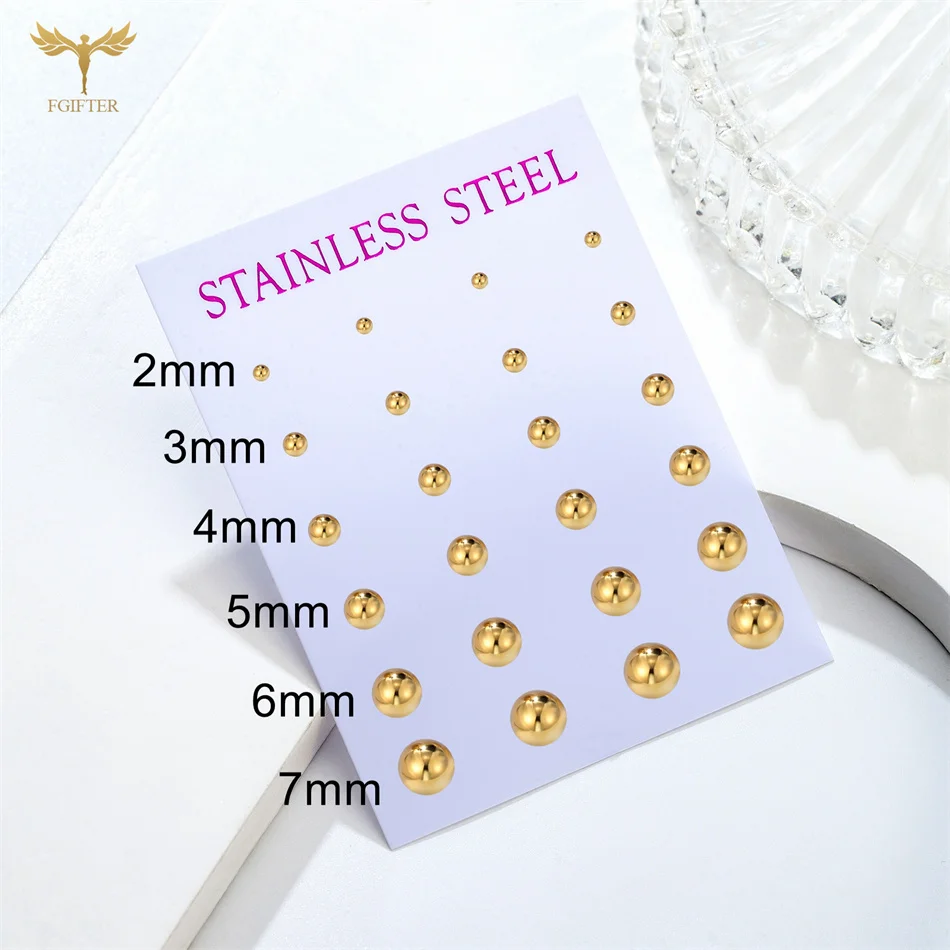 12 Pairs 2-7mm Mixed Size Solid Ball Earrings Set Women Men Stainless Steel Piercing Jewelry Minimalist Big Small Globe Ear Stud 2