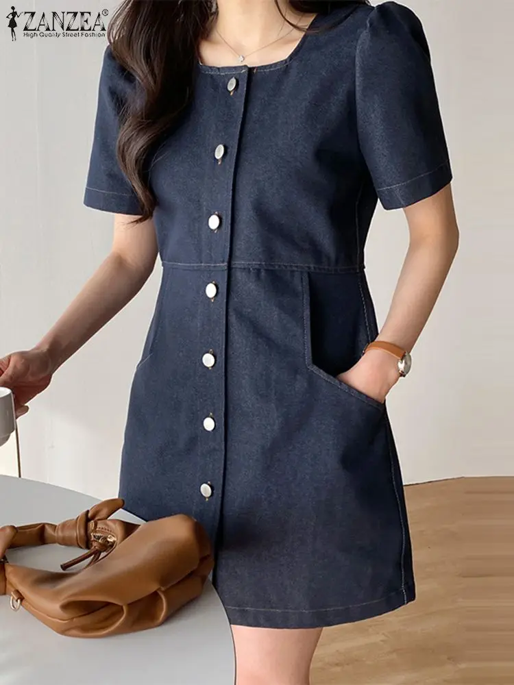 

ZANZEA Summer Woman Fashion Denim Sundress Ladies Casual Party Dress Square Neck Short Sleeve Robe Female Vintage Mini Dresses