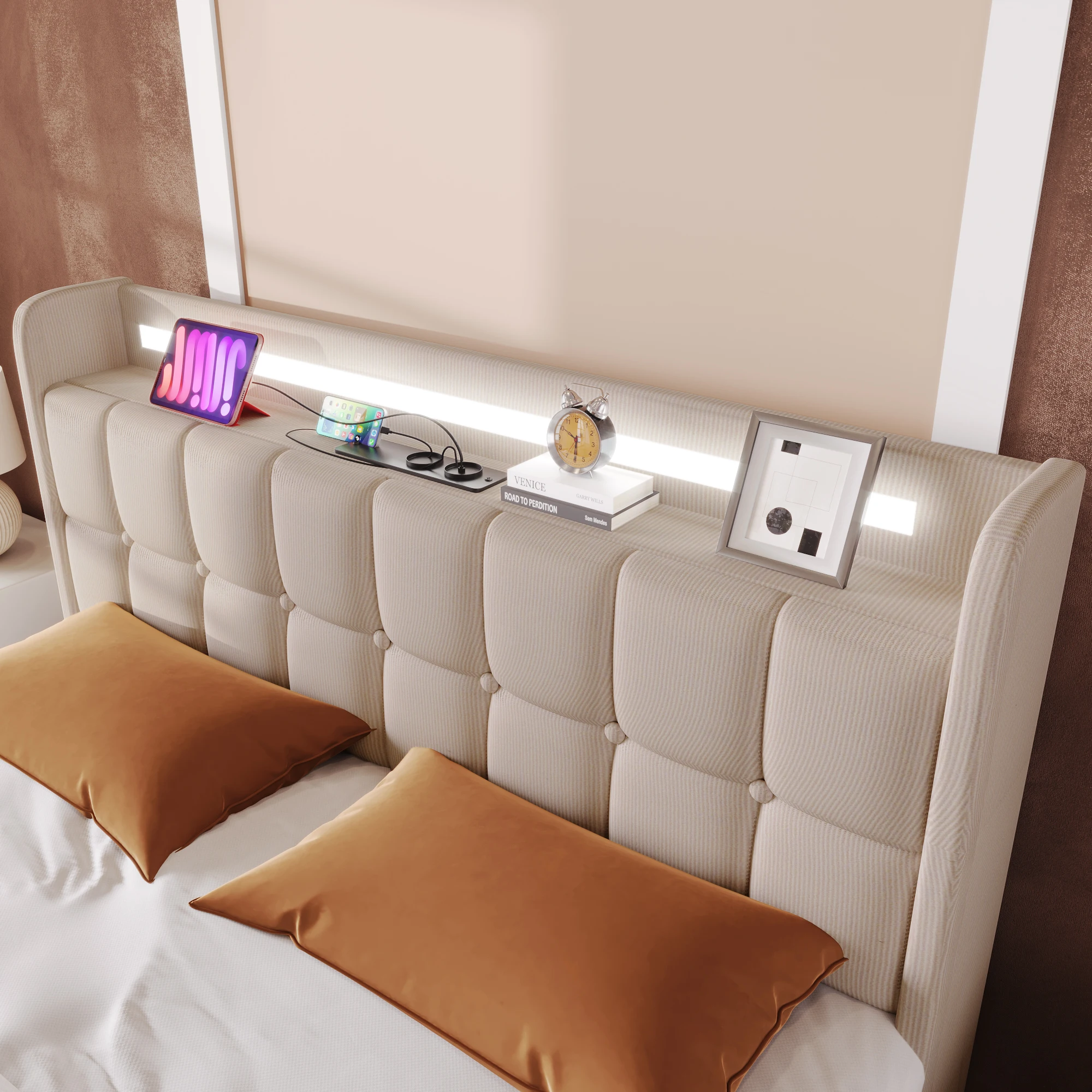 Gepolstertes Doppelbett 160x200cm mit USB-Ladefunktion, LED-Kopfteilbeleuchtung und 4 Aufbewahrungsschubladen. Beige, inklusive Matratze. – Detail 21
