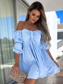 Spring & Summer: Sexy Holiday Style One Word Collar Solid Color Strapless Puff Sleeve Short Dress - Light Blue 3