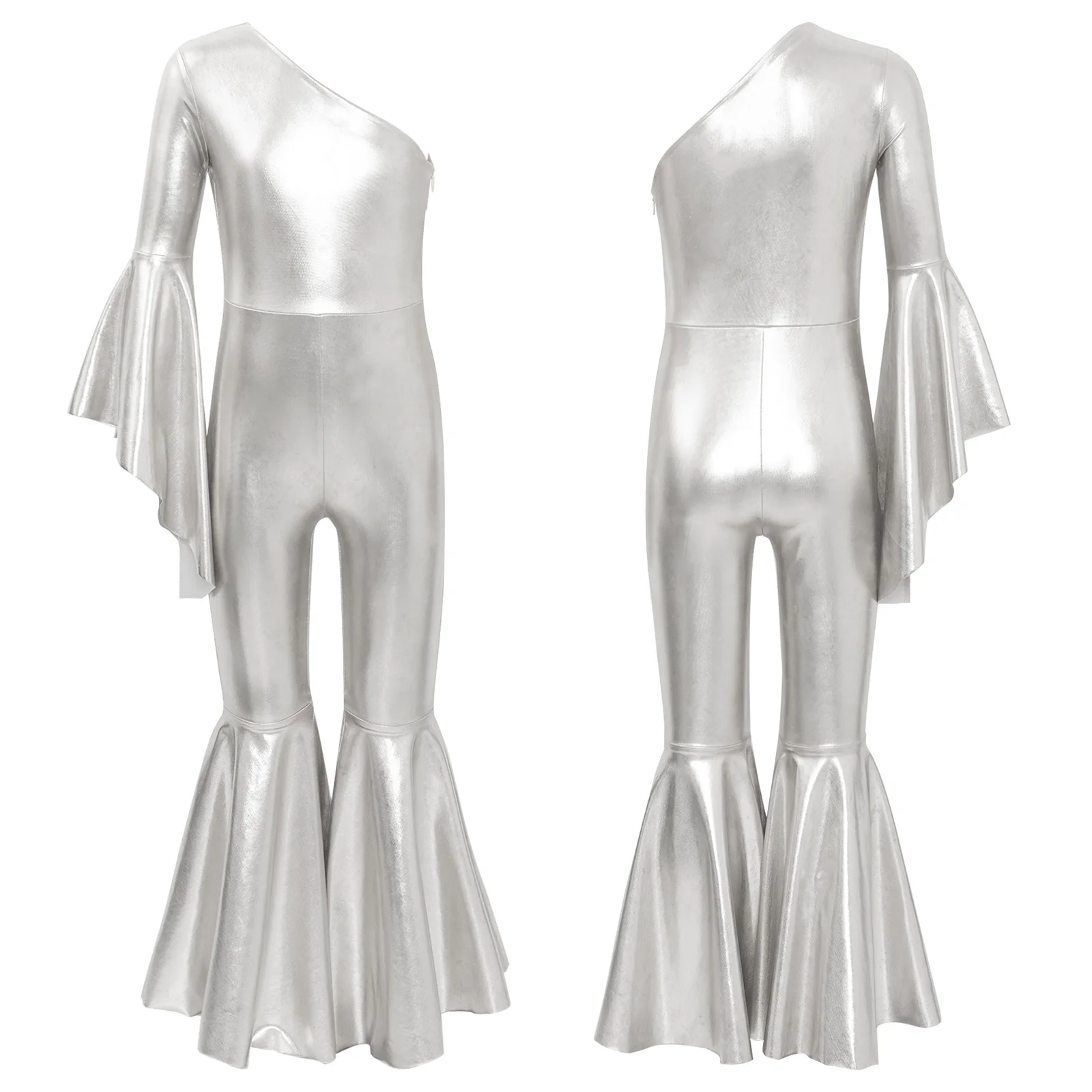 Kids Girls Shiny Metallic Bell-Bottoms Long Flare Sleeve