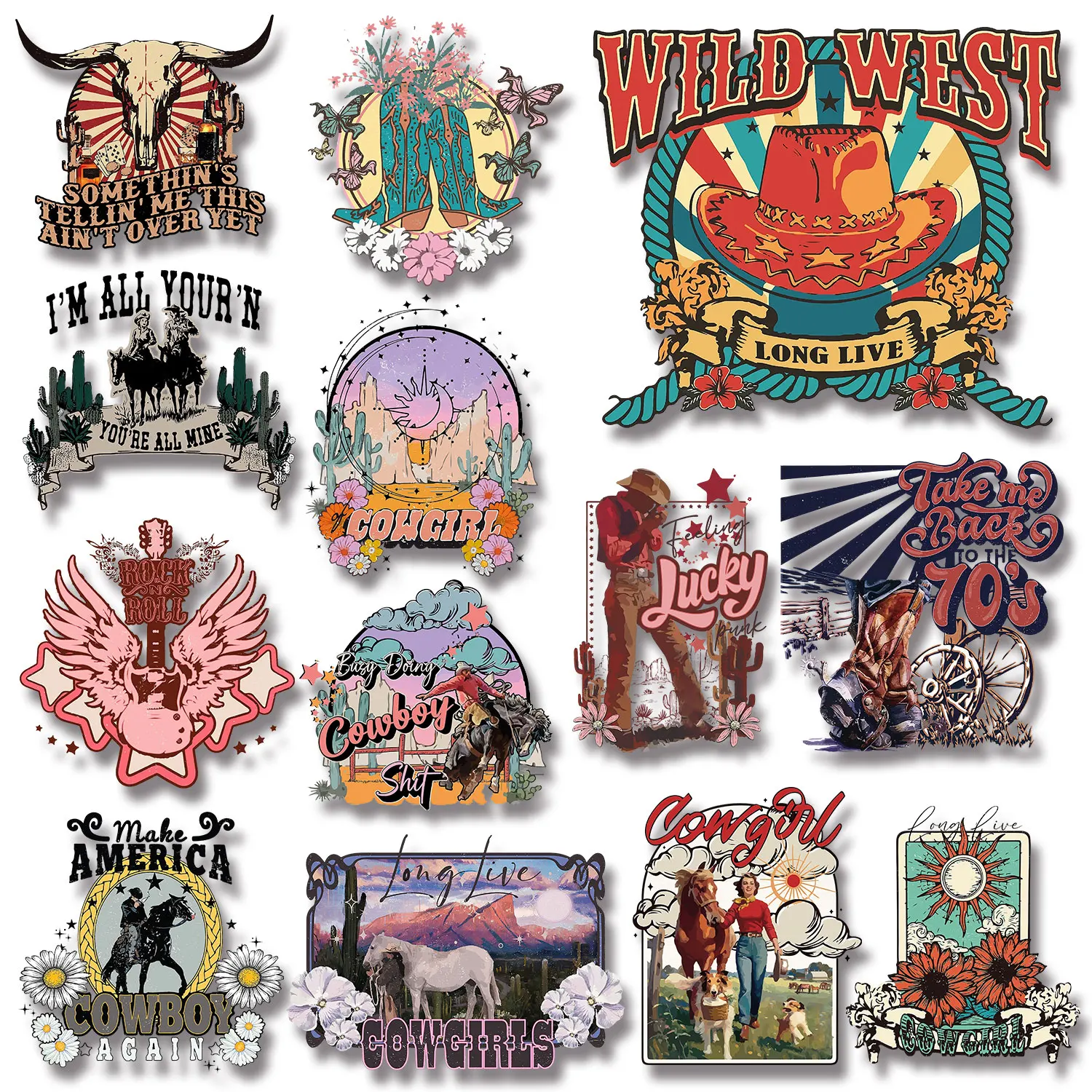Cowboy Cowgirl Rock Roll Farm Retro Style Iron-on Transfers for ...