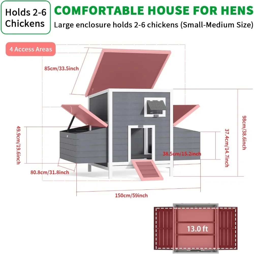 59" Large Chicken Coop for 4-6 Chickens, Wooden Hen House with Large Nesting Boxes, Outdoor Poultry Cage Rabbit Cage