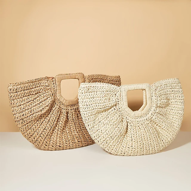 Half-Moon Woven Straw Handbag - Wooden Handle Beach Shopping Basket