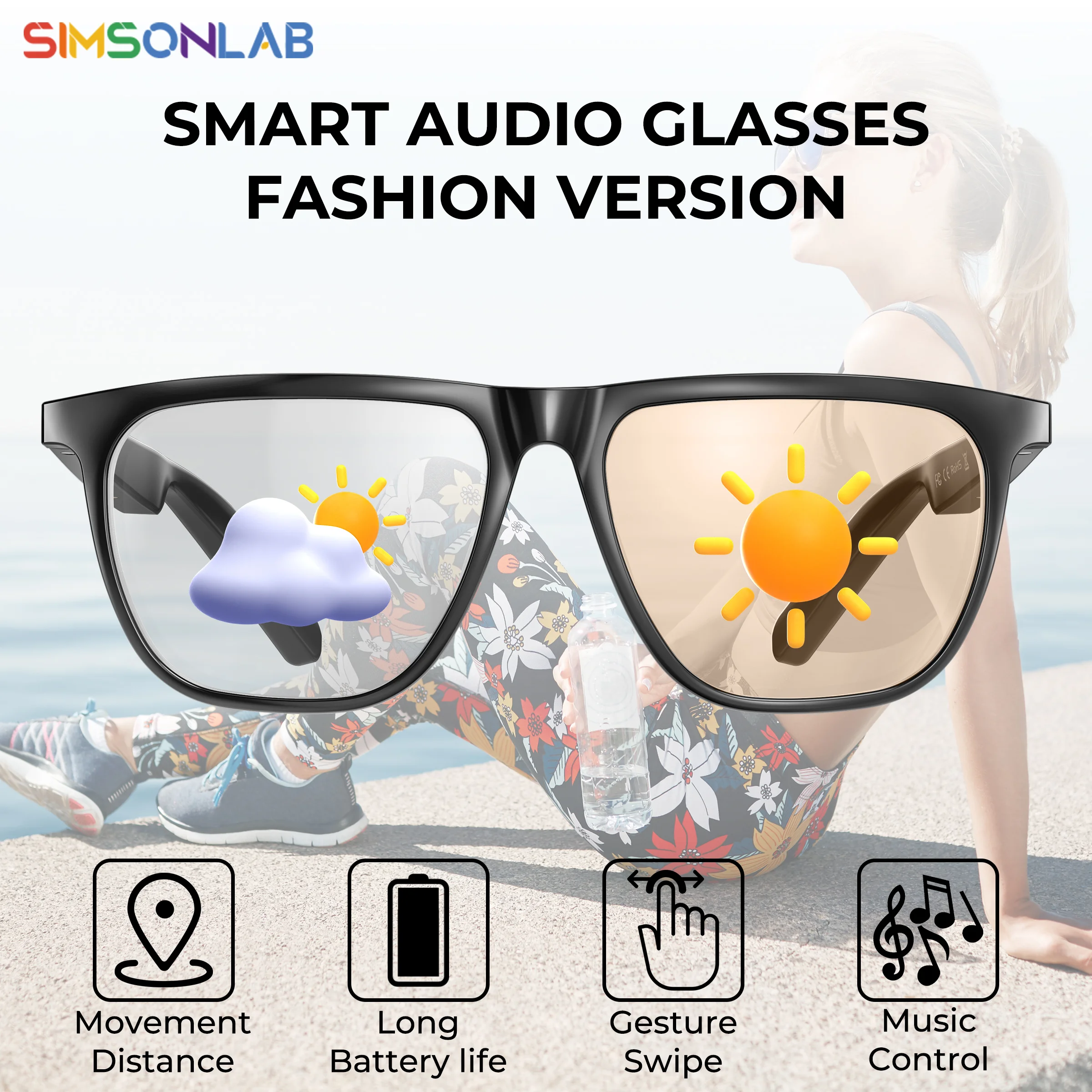 Lunettes Intelligentes Bluetooth - Audio Ouvert, Micro Double Réduction De Bruit, Contrôle Tactile, Assistant Vocal - Autonomie 7h - Charge Magnétique - Blanc