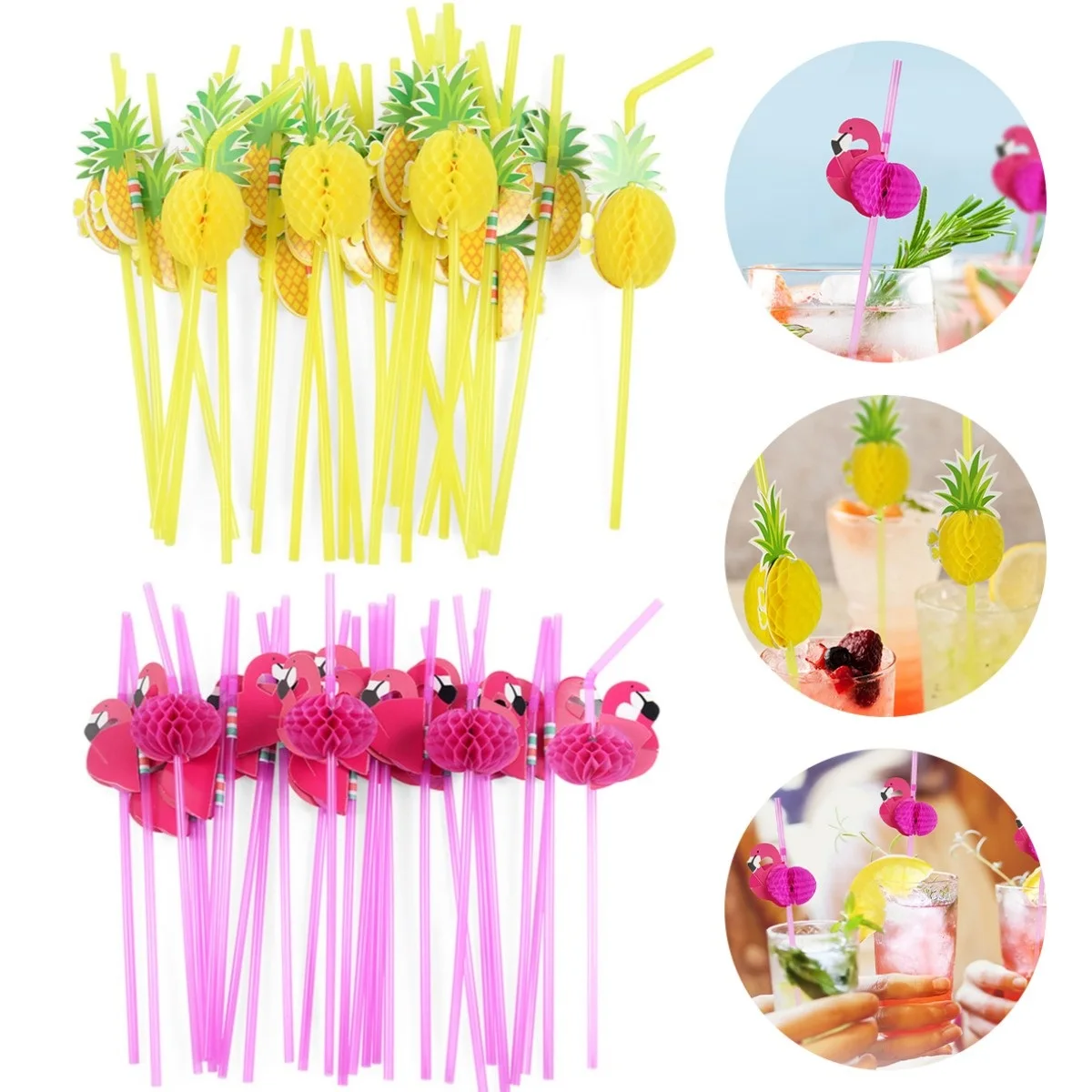 Disposable paper straws 50Pcs Paper Drinking Straw 3D Fruit Paper Straws Pineapple Flamingo Design Recyclable Drinking Straw for Party Bars Decors