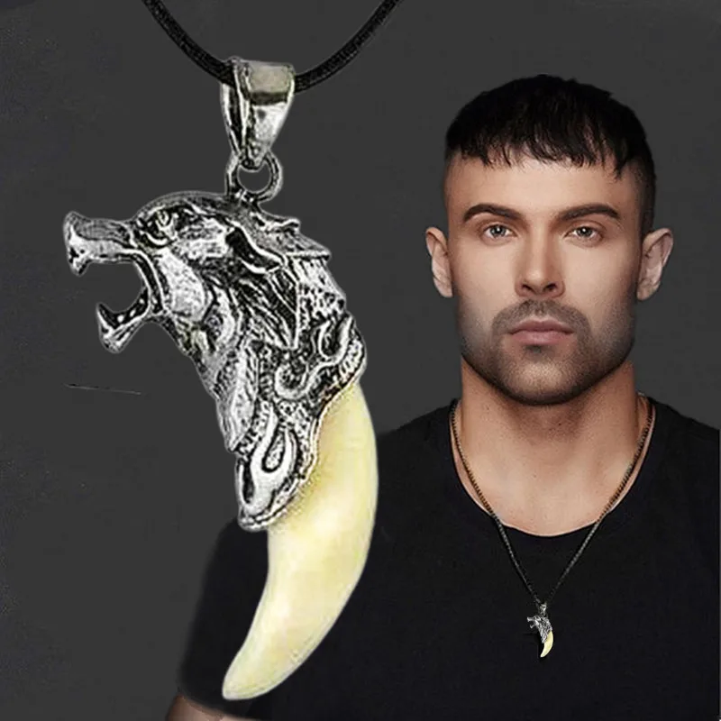 Vintage Mens Jewellery Wolf Head Necklace Wolf Tooth Pendant Punk Necklace for Men Animal Jewelry Anniversary Gift collar hombre