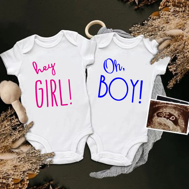 

Oh Boy Hey Girl Baby Announcement Bodysuits Cotton Short Sleeve Boys Girls Romper Summer Infant Pregnancy Reveal Onesies Clothes