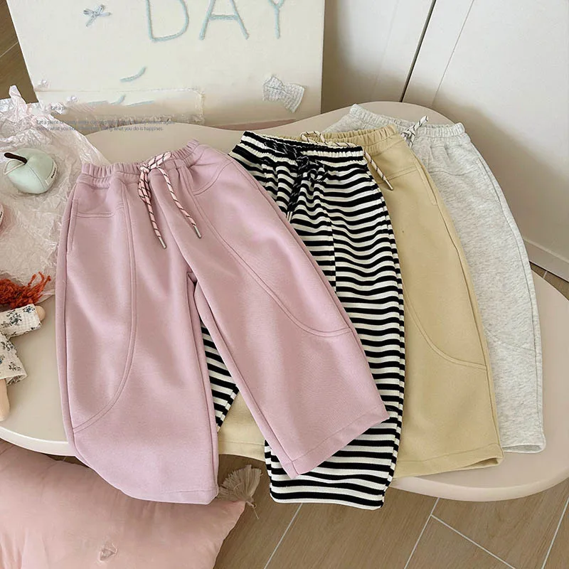 Spring Toddler Girl Sweatpant Cotton Stripe Loose Drastring Infant Baby Girl Track Pant Versatile Candy Color Kid Pant