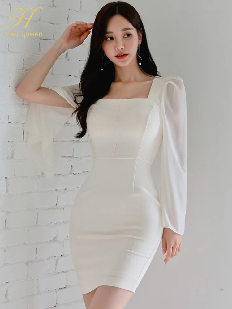H Han Queen Autumn Vestido Korean Elegant Sexy White Fashion