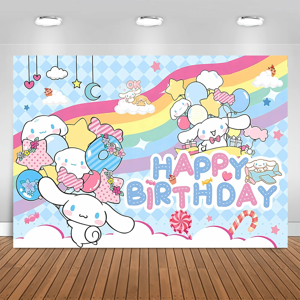 Sanrio Backdrops Banner Rainbow Balloons Cartoon Cinnamoroll Children's Happy Birthday Party Decor Photo Background Booth Props birthday backdrop party backdrop curtain party decoration photo booth props photography props party supplies
