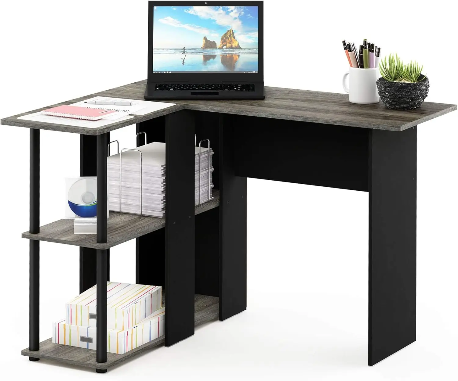 L Shape Computer Desk with Bookshelf French Oak Grey Black 5
