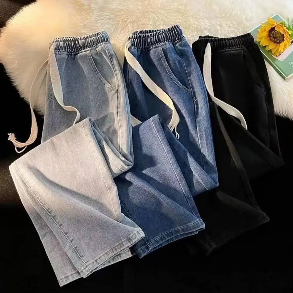 

Teenage Jeans Trousers Loose Casual and Versatile Sportswear Pants Baggy Straight Wide Leg Trendy Drawstring Jeans Pants