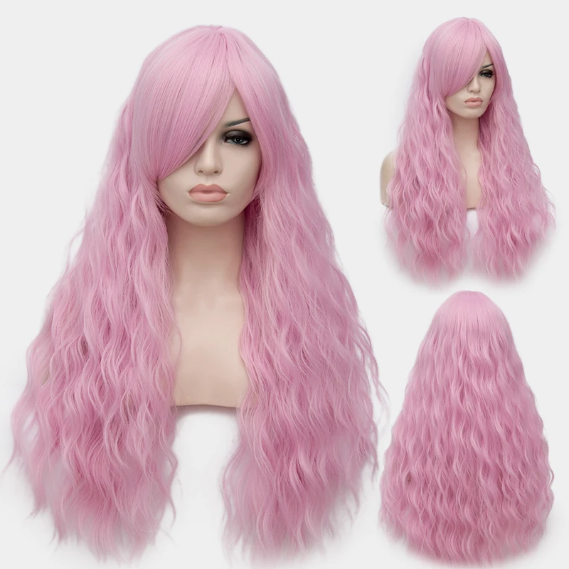 MSIWIGS Long Pink Wave Cosplay Wigs African American for Women Heat Resistant Synthetic Fake Hair Piece with Side Bangs