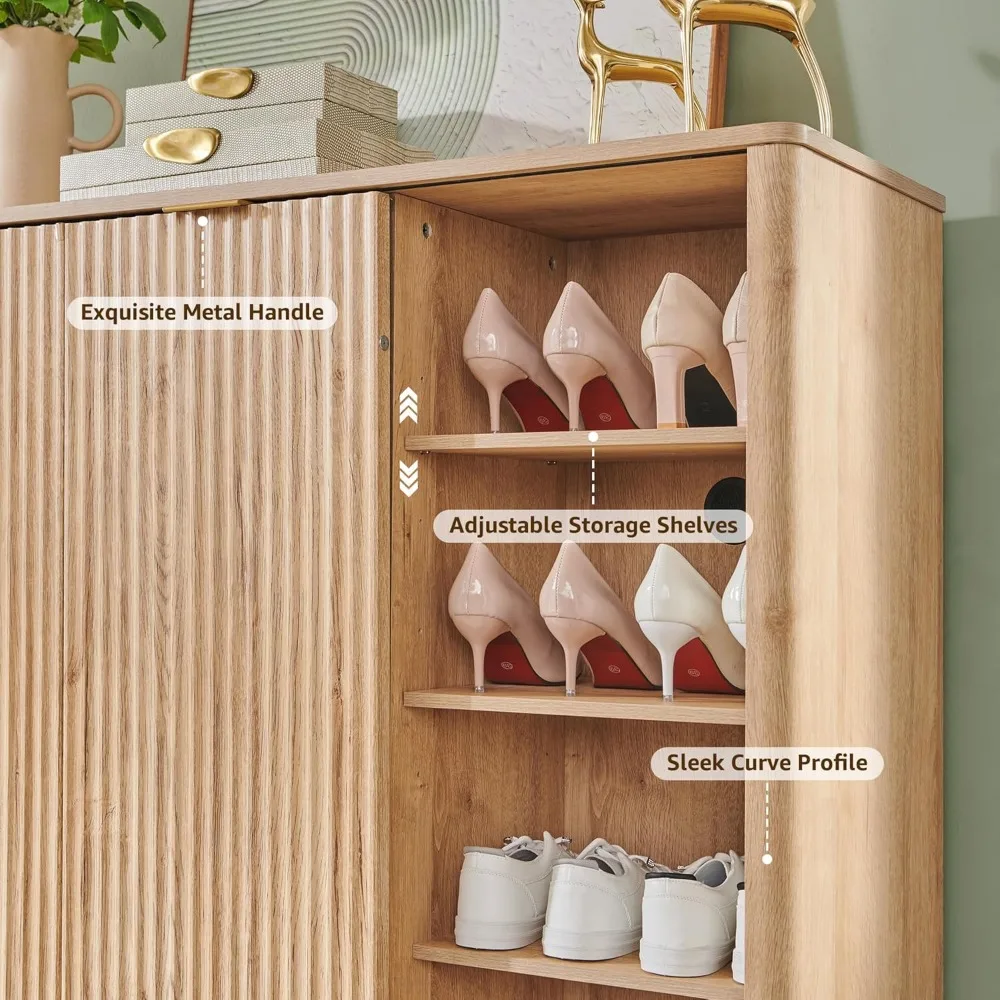 Fluted Shoe Storage Cabinet with 2 Sliding Doors, 6-Tier Adjustable Shelves, 60" Tall Large Shoe Organizer, Wooden Shoe Rack 5