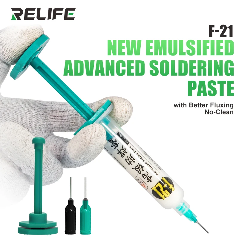 RELIFE F-21 10CC Lead-free and Halogen-free Tin Soldering Paste BGA PCB Rework Welding Flux Syringe Type Emulsified Solder sn96 5ag3cu0 5 35g 217c syringe solder paste environmental protection silver 305 high temperature lead free welding flux