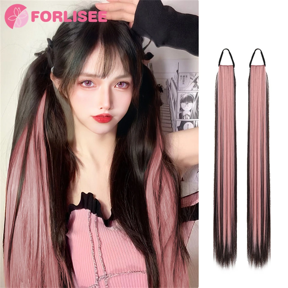 

FORLISEE Wig Ponytail Braid Long Straight hair Natural Strap Type Highlights Pigtail Wig Can Be Tied With Low Ponytail