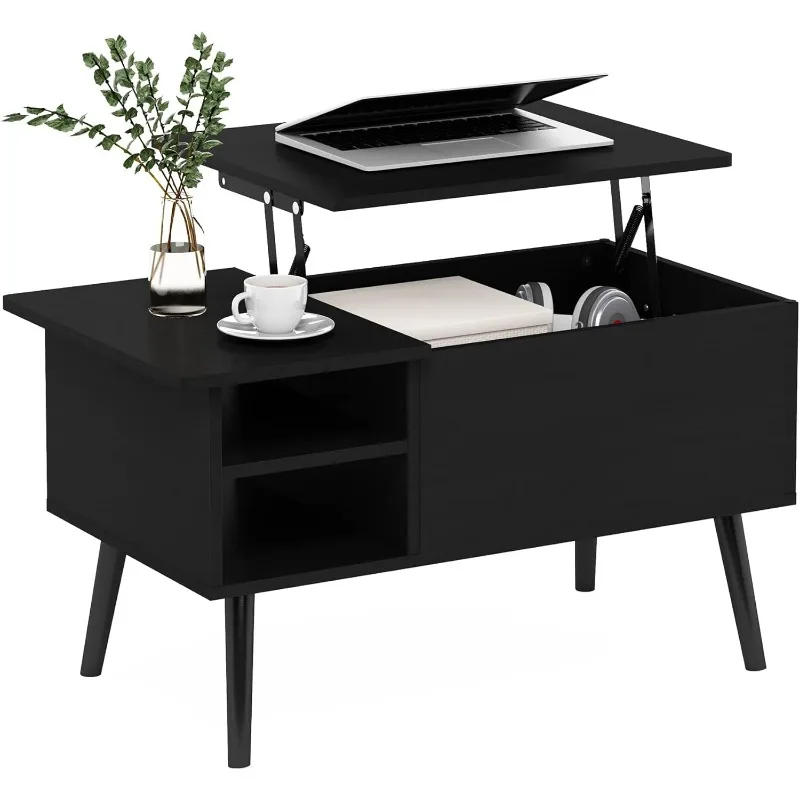 Jensen Wooden Leg Lift Top Coffee Table with Hidden Compartment and Side Open Storage Shelf 4