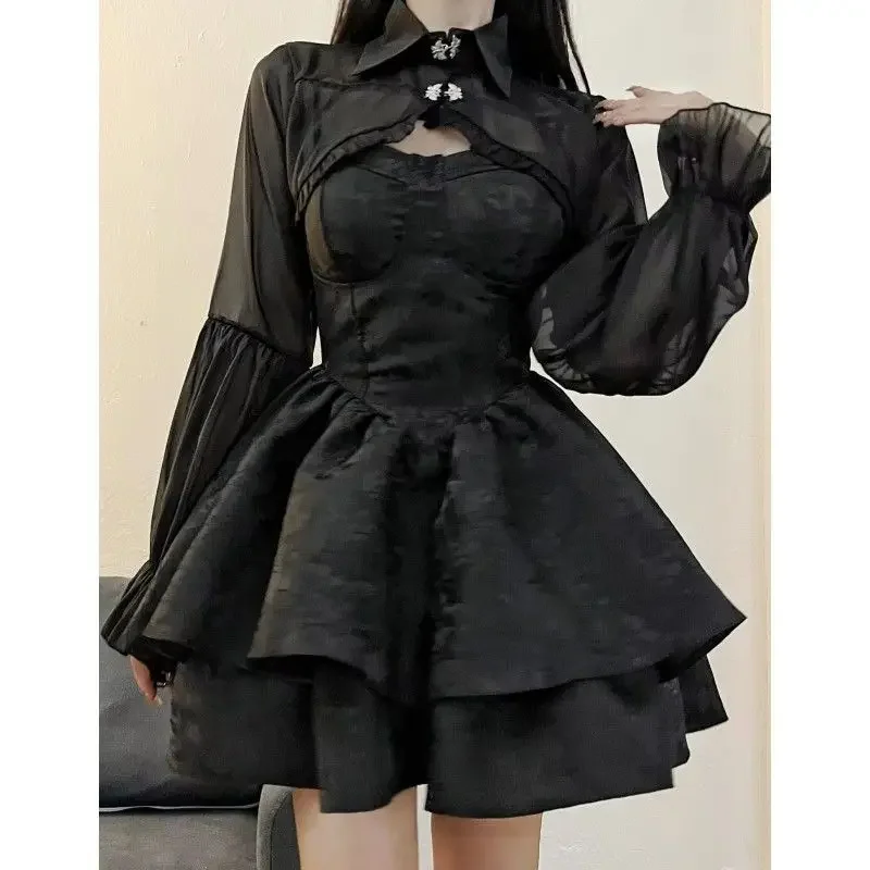 Gothic Black Stand Collar Long Sleeve Lolita Dress Suit Women Autumn Harajuku Halloween Cosplay Fairy Victorian Dresses