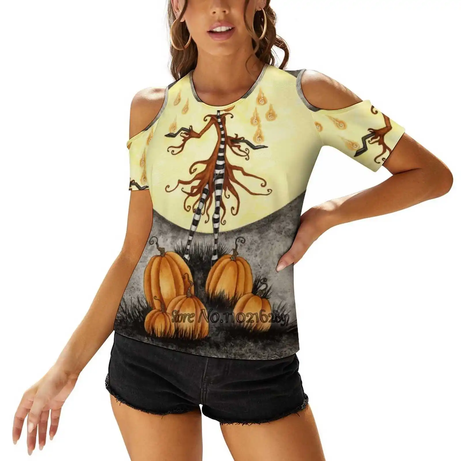 Pumpkin Magick Donna Magliette Stampate Top O-Collo Allacciatura Posteriore Top Fashion Graphic T Shirt Zucche Halloween Pumpkin King Spooky