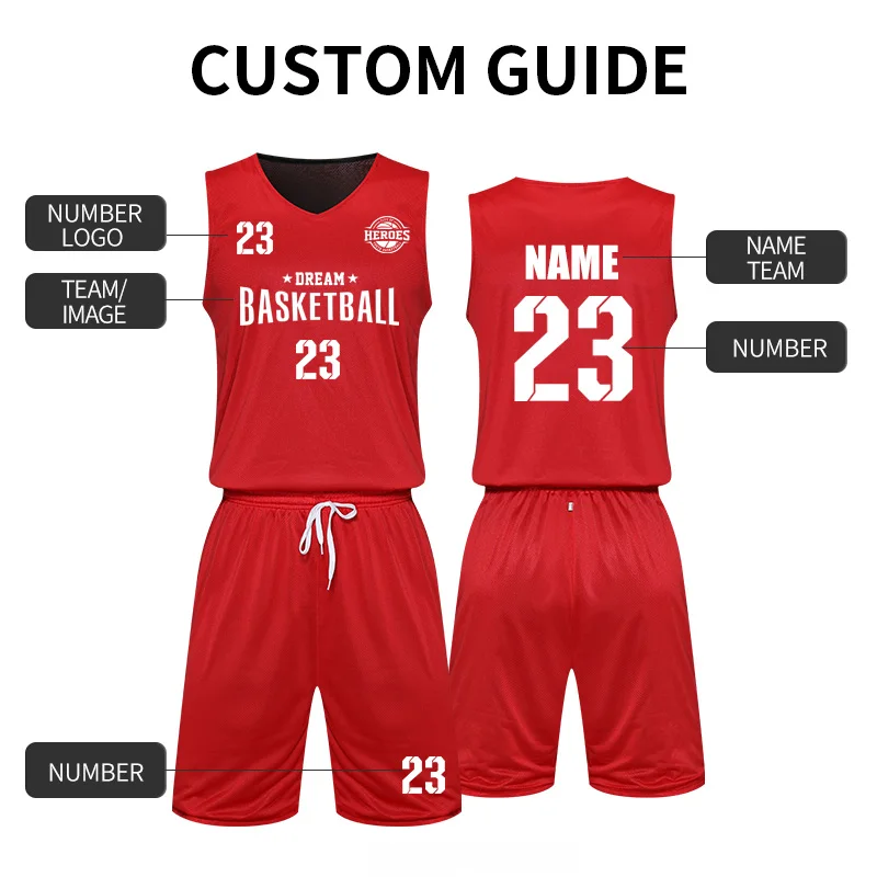 Youth Basketball Jersey Sets Mens Breathable Polyester Mesh Fabric Reversible Basketball Uniform Shirts 5101