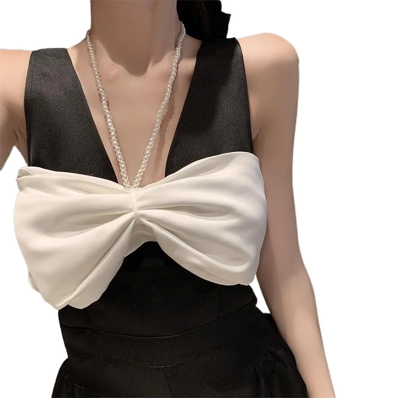 

Removable pearl necklace bowknot temperament bud top black and white women's summer sleeveless vest Romper suit shorts pant