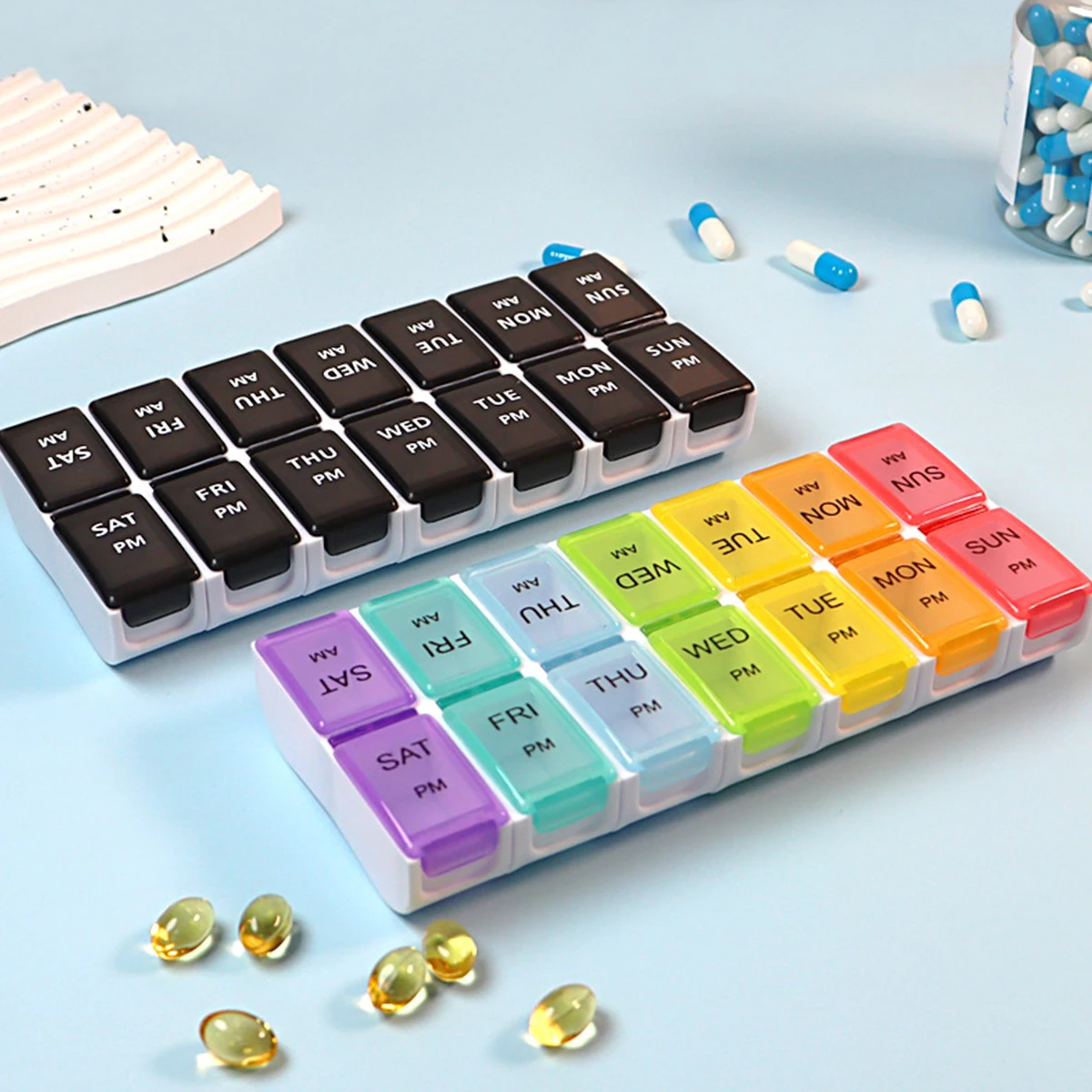 Portable AM/PM Pill Organizer for Tablets, Vitamins, and Supplements