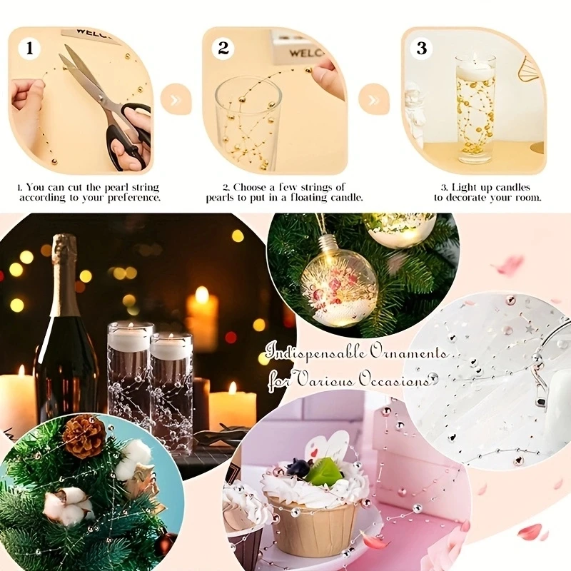 Wedding Table Decoration 5Pcs Floating Candles Vase Filler Pearl String Wedding Table Decoration Artificial Highlight Bead String Faux Plastic Chain