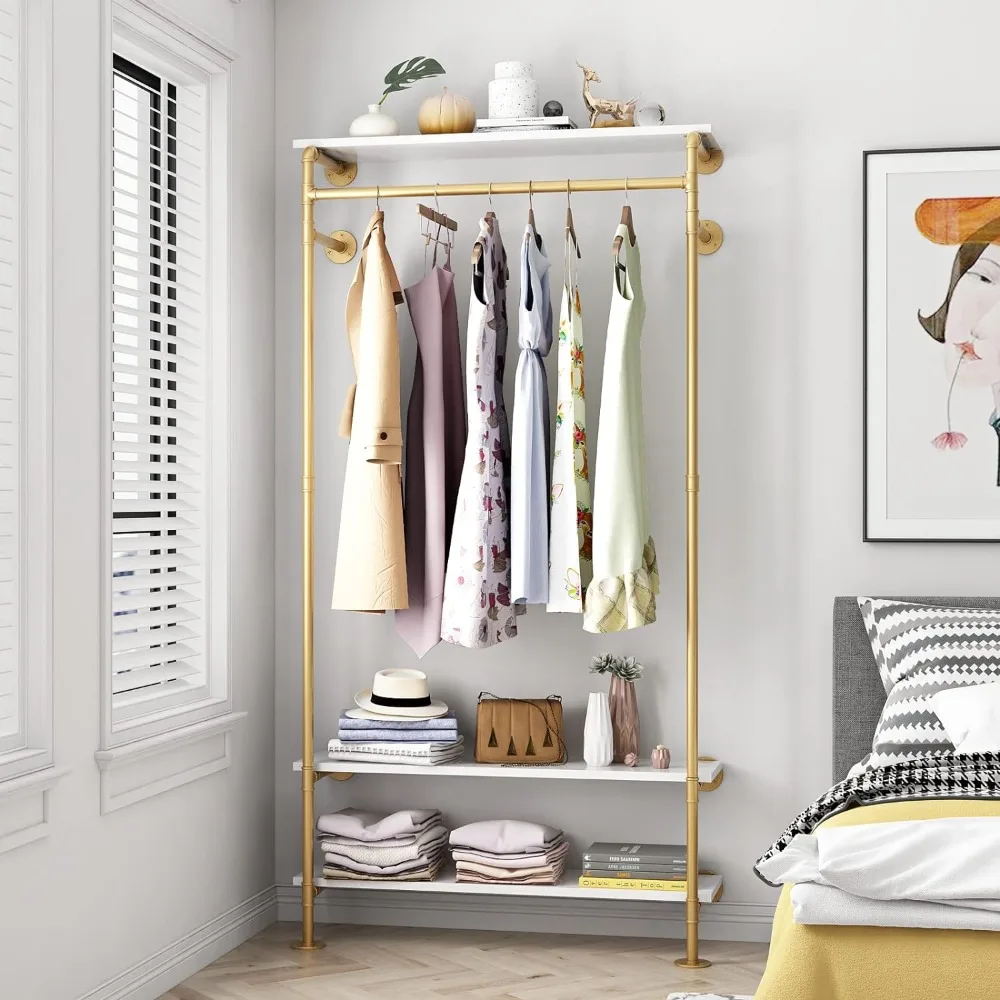 Gold Wall Clothing Racks, Wall Mounted Gold Clothes Rack for Hanging Rods, Heavy Duty Pipe Clothing Racks with Three Shelves