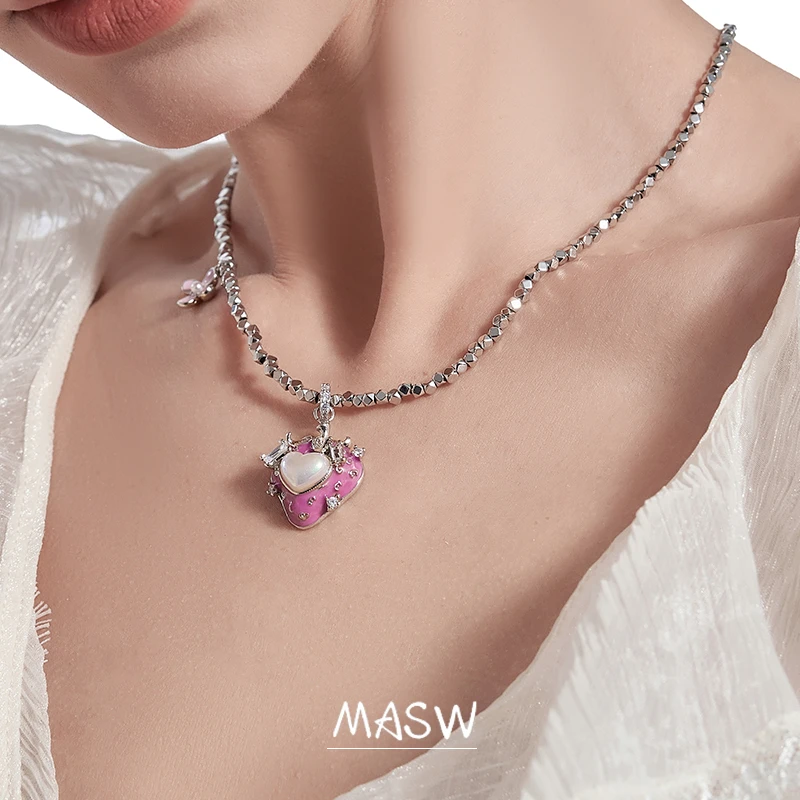 MASW Original Design Fashion Jewelry Spring Summer Style Lovely Pink Strawberry Pendant Necklce For Women Girl Party Gift