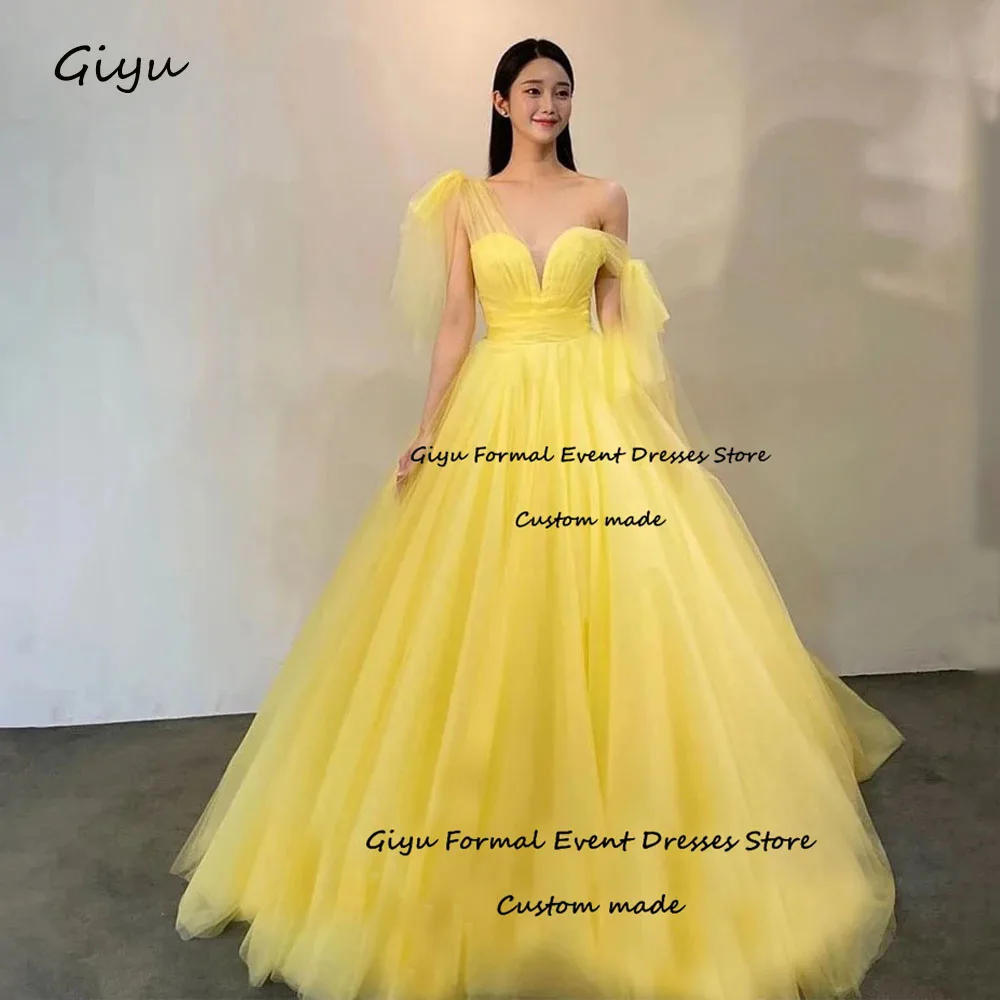 

Giyu Yellow Tulle Wedding Dress Korea Photo Shoot A Line Draped Bridal Gown Floor Length 신부 웨딩드레스 Evening Gown Dress