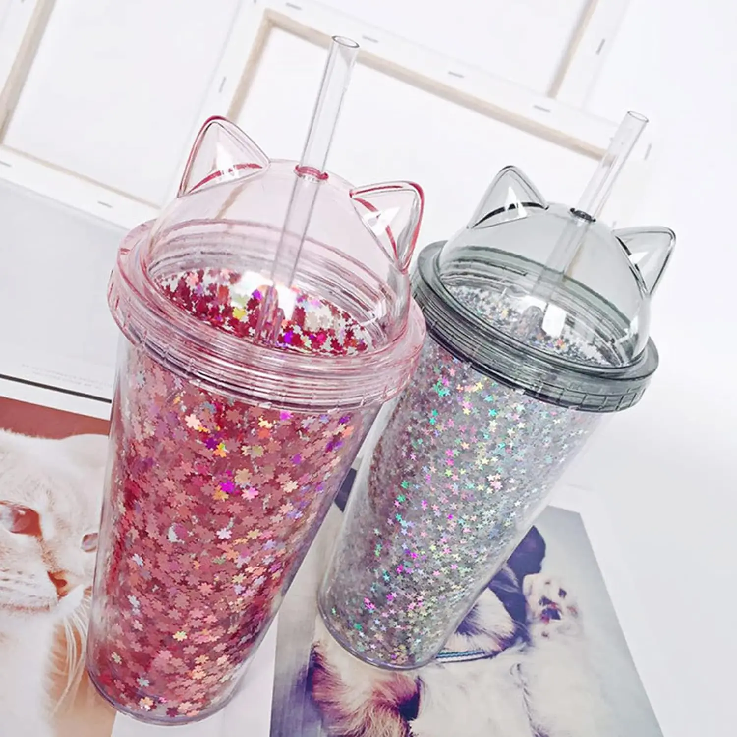 1pc 450ml Cat Ear Shape Straw Cup,Double Walled with Straw Reusable Smoothie  Cup,Glitter Star Water Bottle Beverage Cup - AliExpress