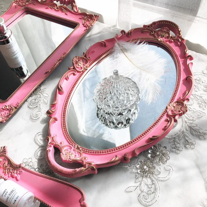 Oval Glass Storage Tray Pink Retro Mirror Food Tea Tray Household Jewelry Skin Care Product Organizer Wedding Home Decor 2