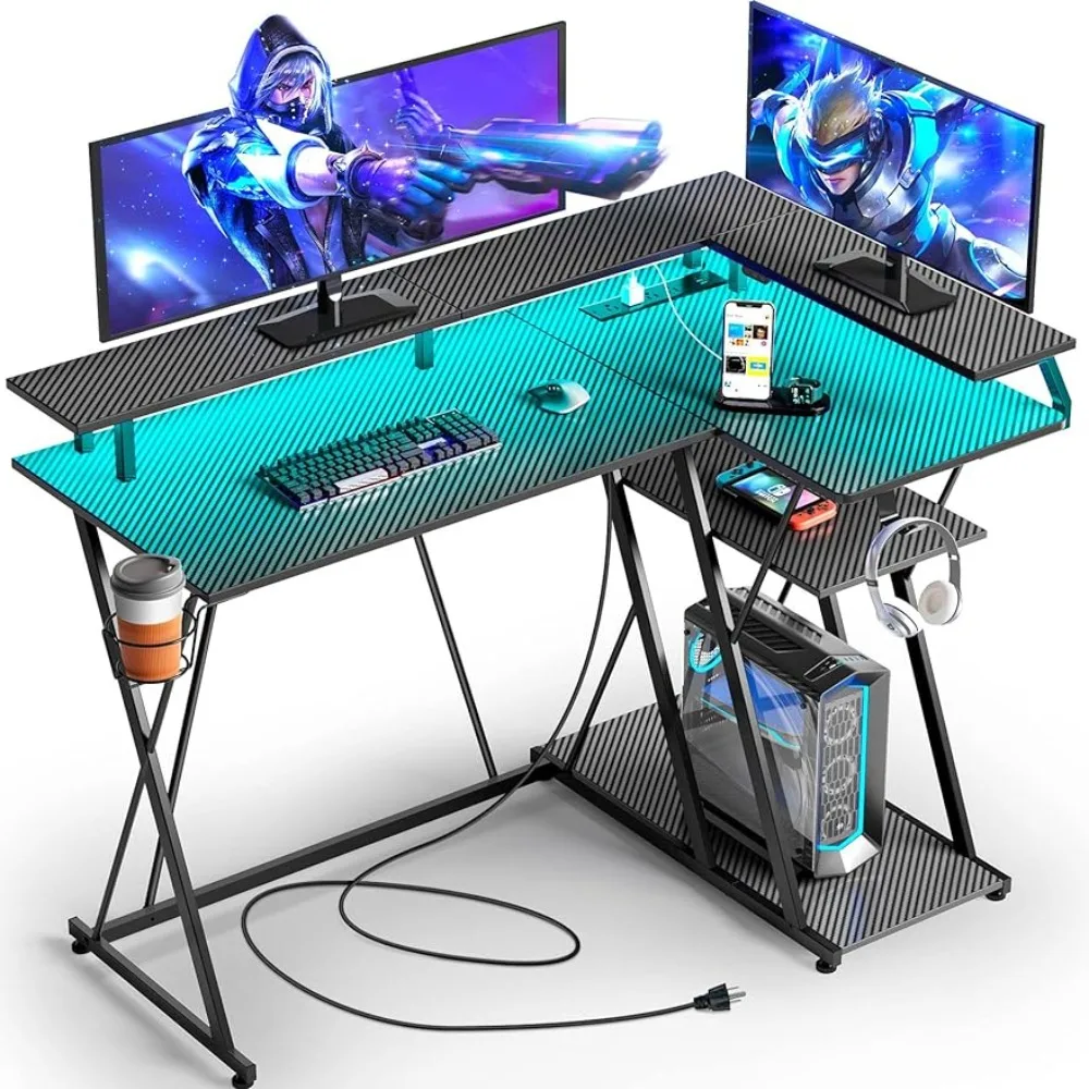 SEVEN WARRIOR L Shaped Gaming Desk LED Lights & Power Outlets, 43” Reversible Storage Shelf, Monitor Stand, Cup Holder, Hooks adjustable tv screen computer top storage shelf rack holder computer monitor desktop stand phone display shelf storage rack