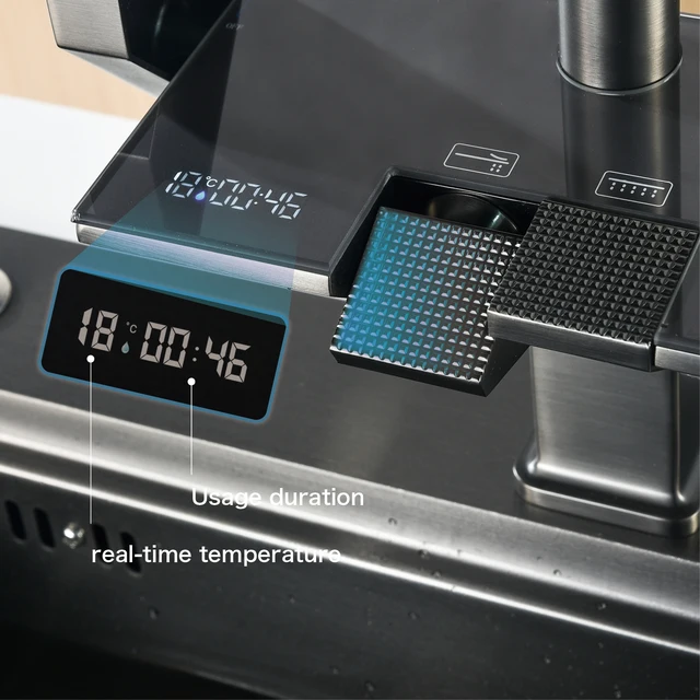 ก๊อกน้ำสำหรับห้องครัวทองเหลืองสีเทาแบบดึงออกได้หรูหราจอแสดงดิจิตอลหรูหราด้ามจับเดี่ยวก๊อกน้ำเย็นและร้อน2ชิ้น 5