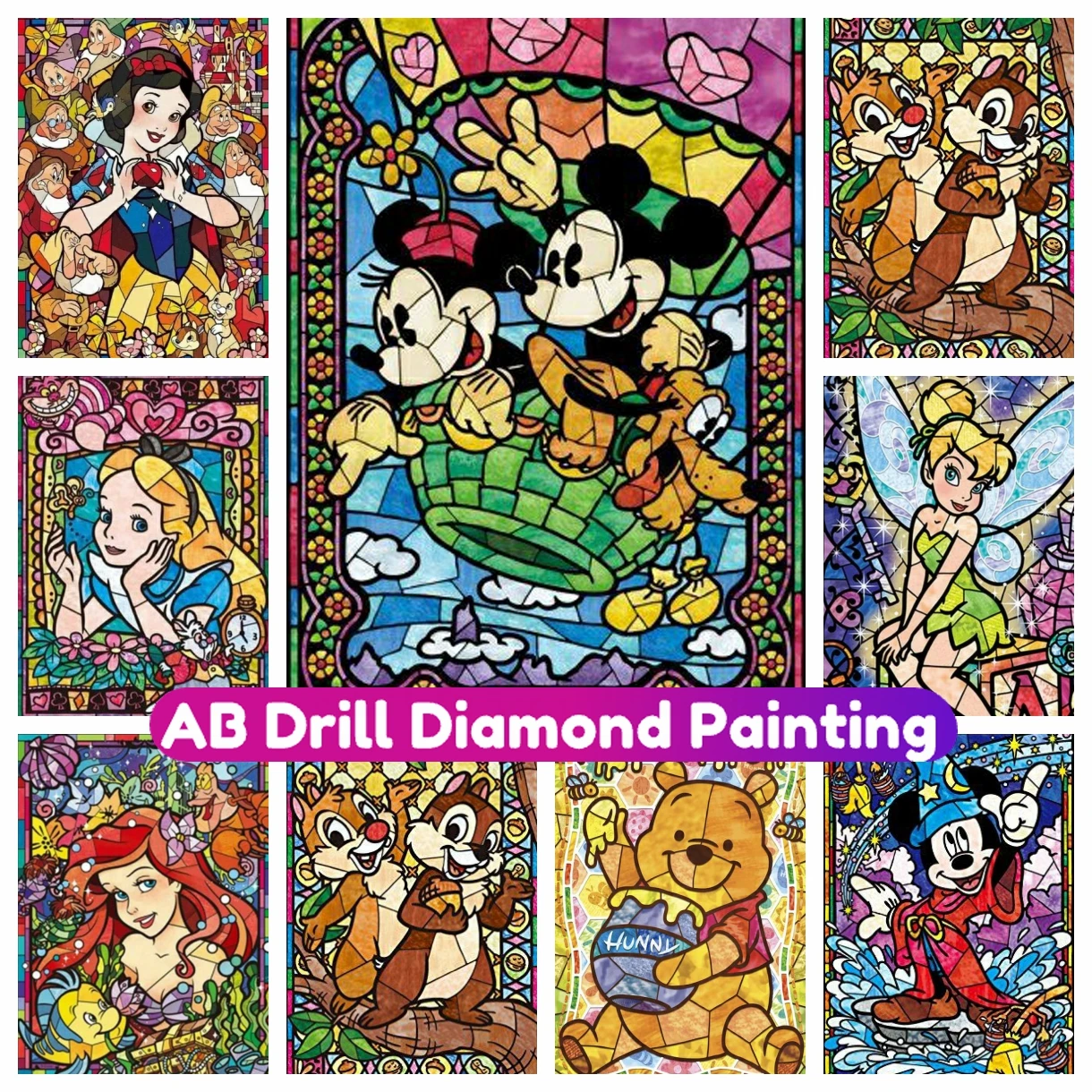 

Disney Stained Glass Cartoon AB Diamond Painting New Cross Stitch Kit Cute 5D DIY Full Mosaic Embroidery Home Decor Kid Gif