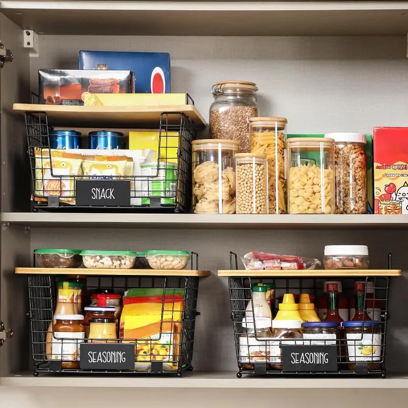 2 Set Stackable Wire Basket with Bamboo Top - Kitchen Counter, Pantry Organizer and Storage - Produce Onion Potato 4