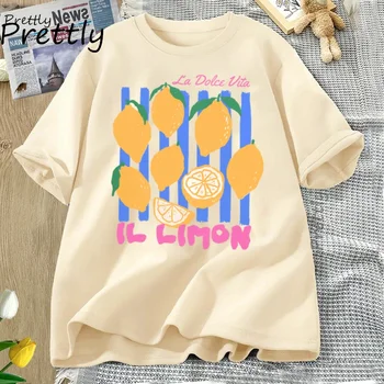Lemon Tshirt Italian Summer Fruit T Shirt Cotton Short Sleve Loose Tshirt Women Ladies Vintage Graphic Tees Aesthetic Clothes 1