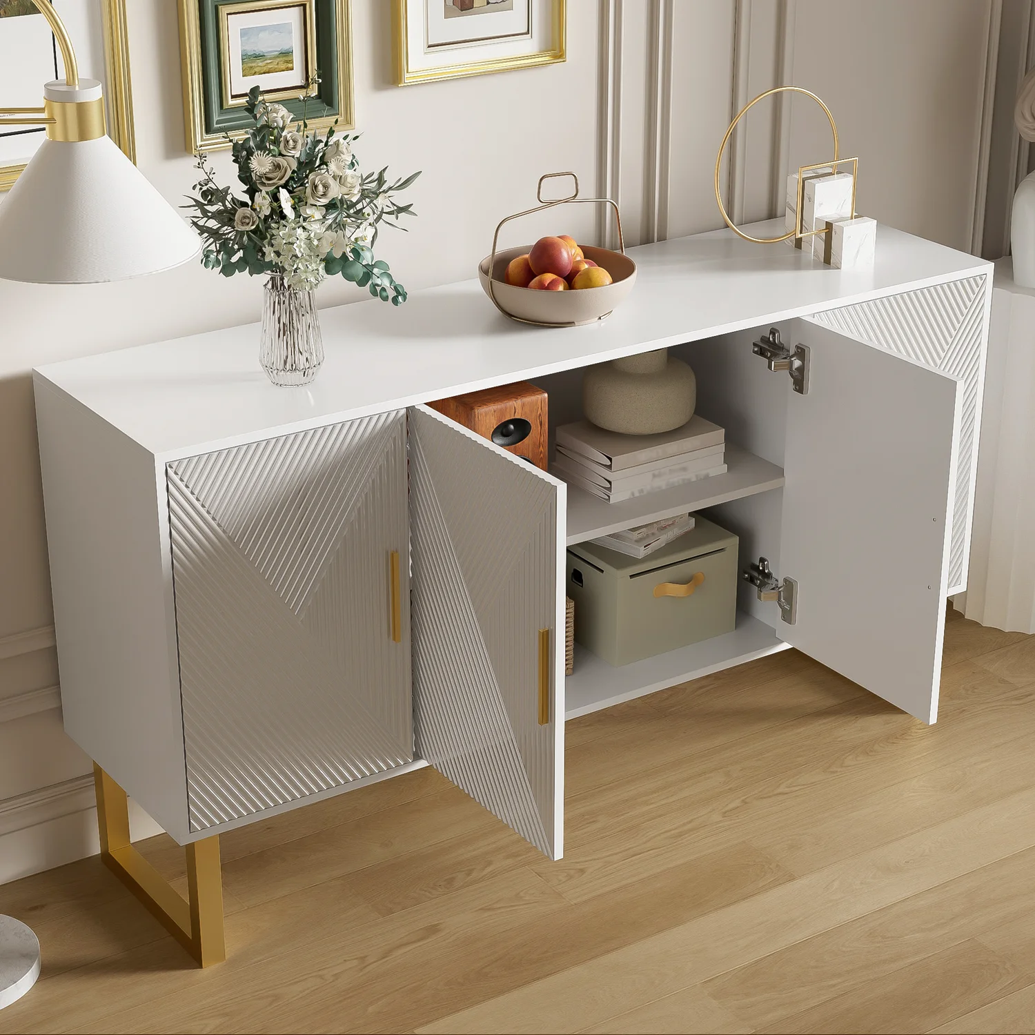 150cm modern, luxurious white sideboard, high-gloss structured doors gold handles 4-door design, height adjustable – Detail 8