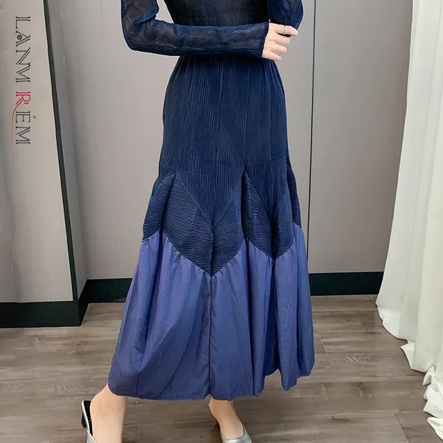LANMREM Color-block Patchwork Design Handmade Pleated Women's Skirt 2025 Autumn New Elegant Loose Elastic Waist Skirts 2DB4508